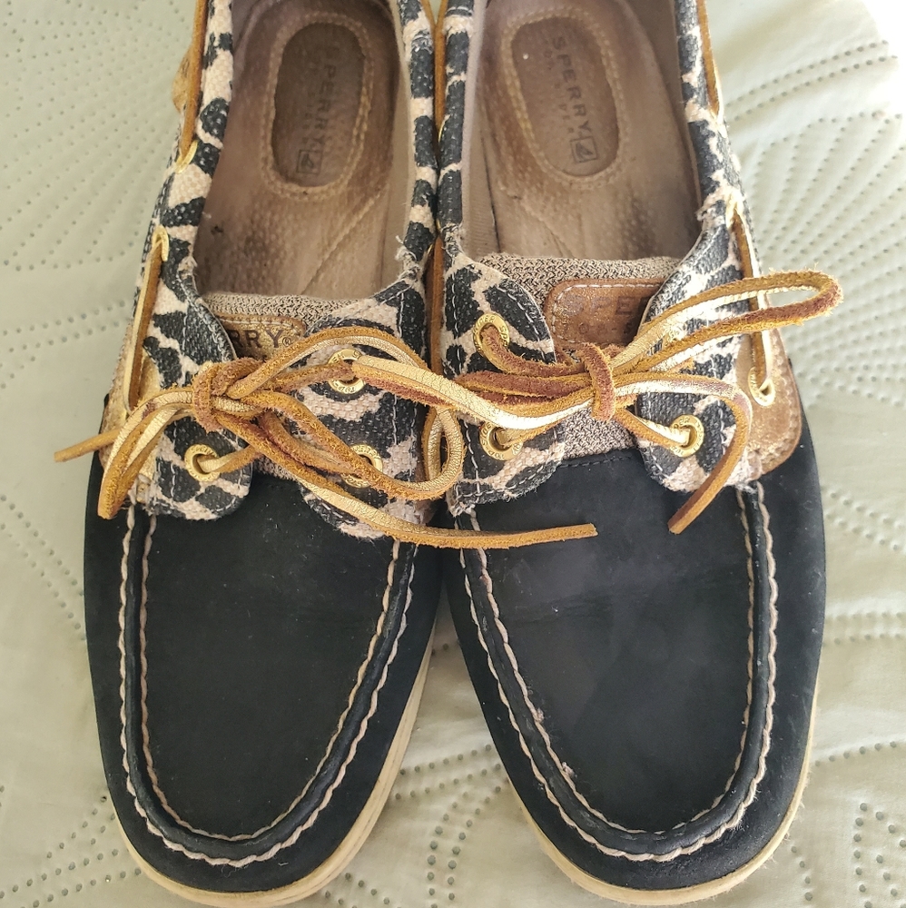 Sperry Top Slider Women's Shoes Size 8M Black and Leopard Boat Shoe.